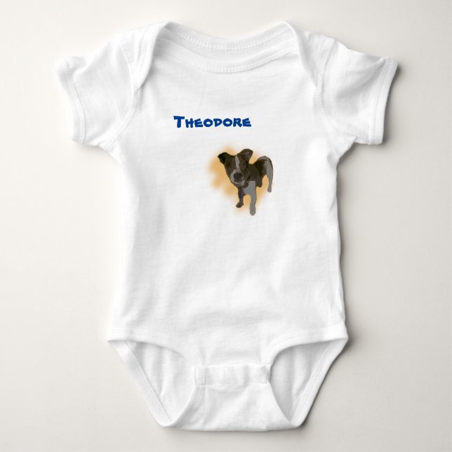 Theodore Namn Med Jack Russell, Baby Body T Shirt (Framsida)