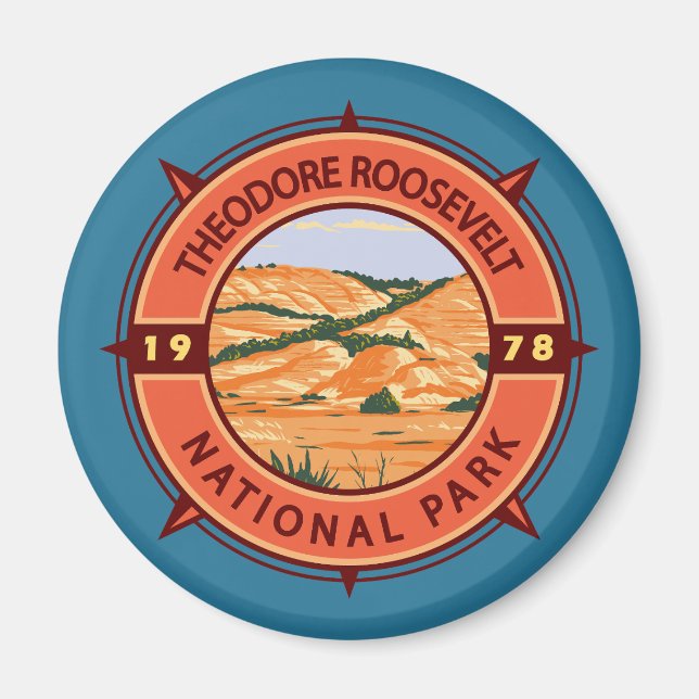 Theodore Roosevelt National Park Retro Compass Magnet (Framsidan)
