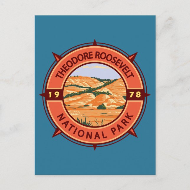Theodore Roosevelt National Park Retro Compass Vykort (Framsida)