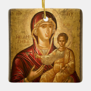 Theotokos och Jesus Child Red and Guld Icon Julgransprydnad Keramik