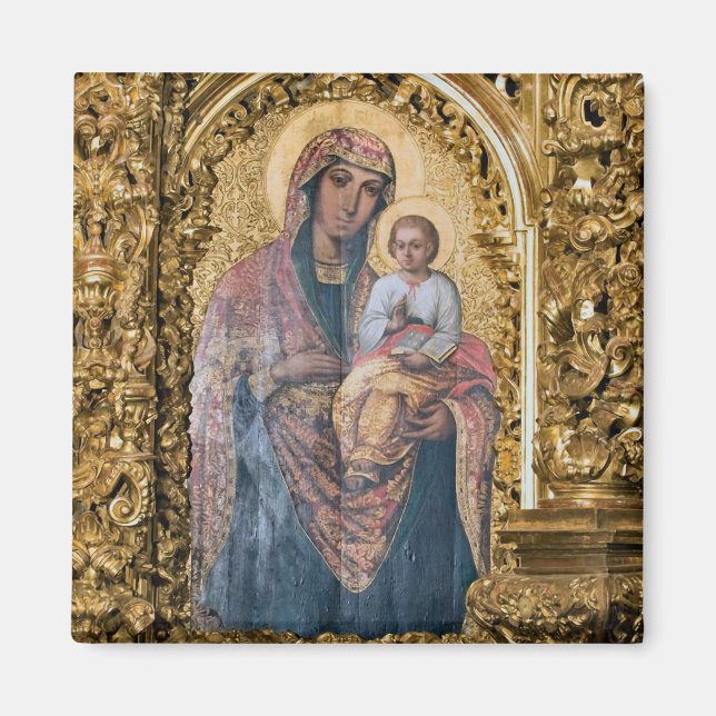 Theotokos och Kristus Child i Ornate Guld Ram Magnet (Framsidan)