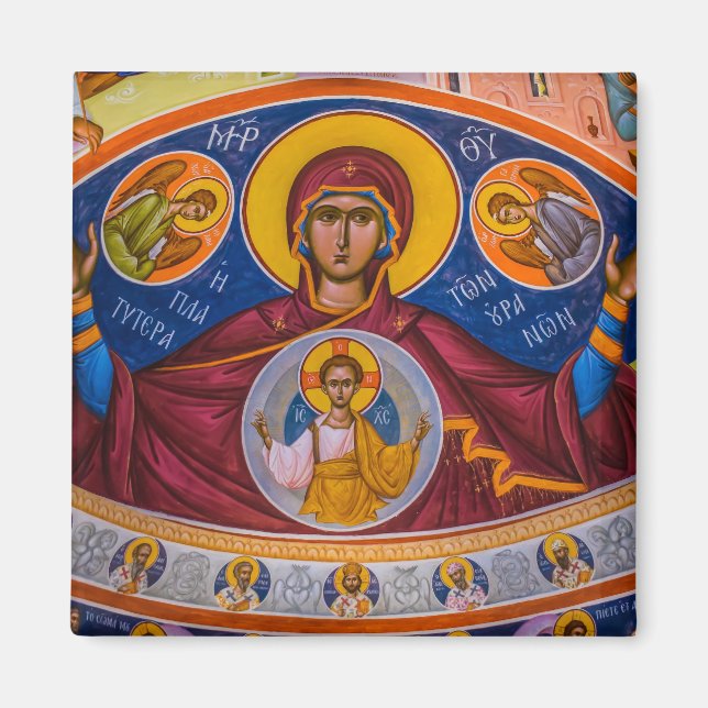 Theotokos och Kristus Child med Änglar Icon Magnet (Framsidan)