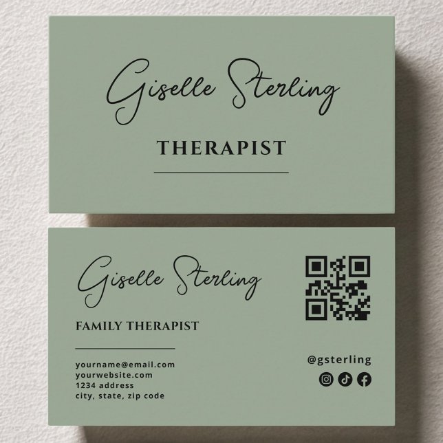 Therapist Psychologist Sage Green QR Code Visitkort (Skapare uppladdad)