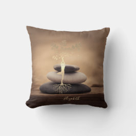 Therapist Zen Stones, Gold Tree Silhouette Brown Kudde