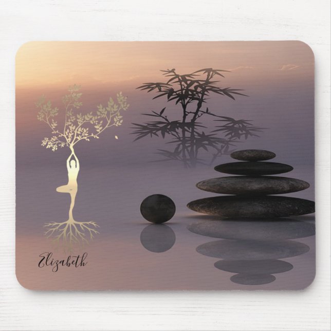 Therapist Zen Stones, Guld Träd Silhouette Musmatta (Framsidan)