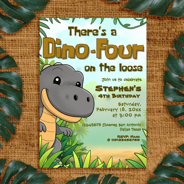 There's a Dino Four on the Loose - 4rd Birthday Inbjudningar (There's a Dino Four on the Loose - 4rd Birthday Invitation)