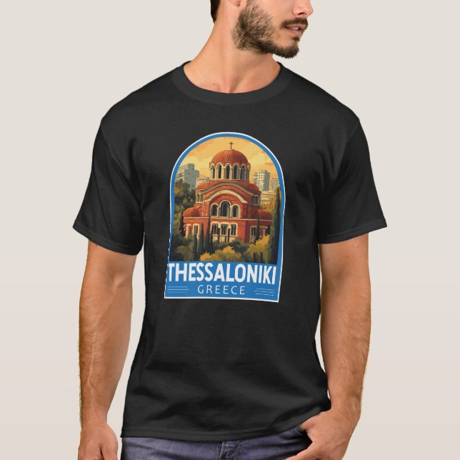 Thessaloniki Grekland Agios Pavlos Travel Art Retr T Shirt (Framsida)