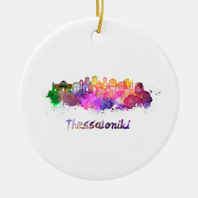Thessaloniki skyline in watercolor julgransprydnad keramik (Framsidan)