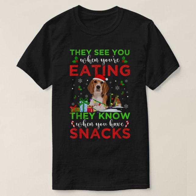 They See You Eating Christmas Reindeer Santa Beagl T Shirt (Design framsida)
