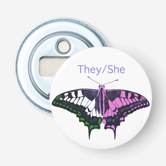 They/She Non-Binary Flag Swallowtail Butterfly Flasköppnare (Framsidan)