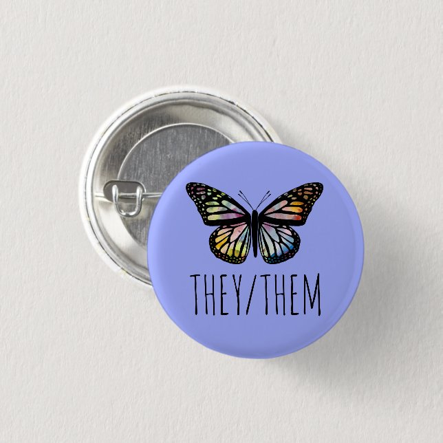 THEY/THEM Pronouns Watercolor Butterfly Knapp (Framsida & baksida)