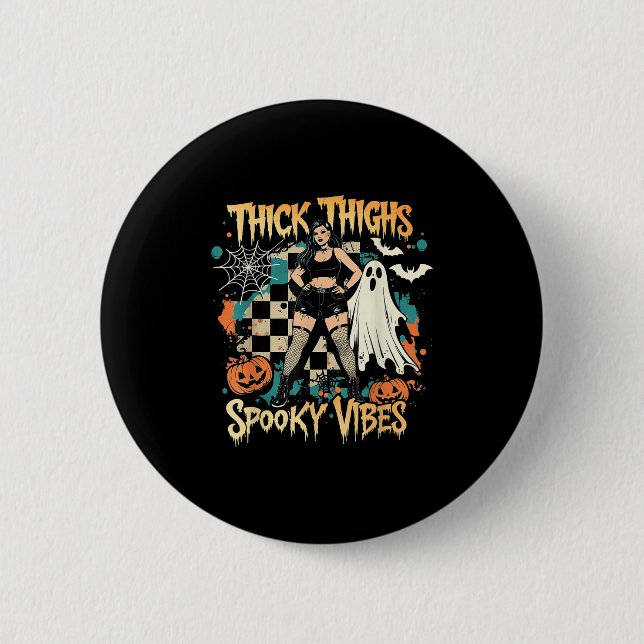 Thick Thighs Soky Vibes Funny Ghost Halloween Knapp (Framsida)