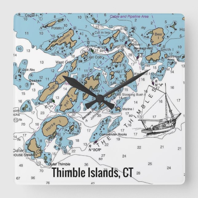 Thimble Islands CT Nautical Chart Fyrkantig Klocka (Framsida)