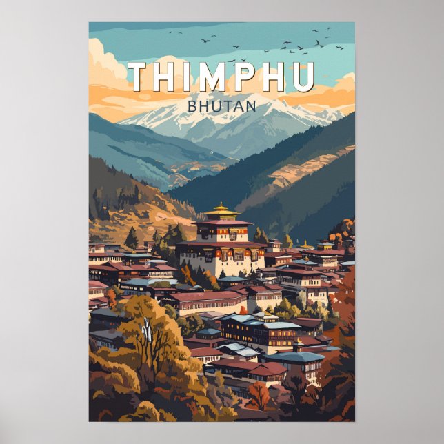 Thimphu Bhutan Illustration Resa Konst Vintage Poster (Framsidan)