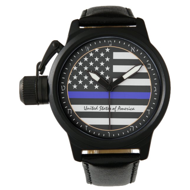 Thin Blue Line & American Flagga Police / USA Hebr Armbandsur (Framsida)