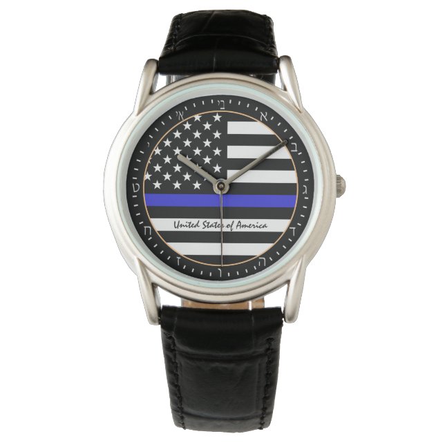 Thin Blue Line & American Flagga Police / USA Hebr Armbandsur (Framsida)