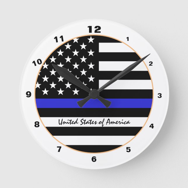 Thin Blue Line & American Flagga Police / USA offi Rund Klocka (Framsida)