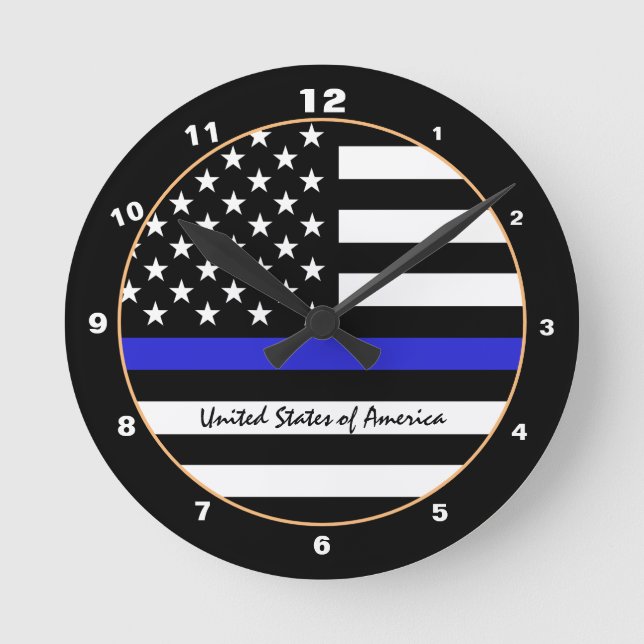 Thin Blue Line & American Flagga Police / USA offi Rund Klocka (Framsida)