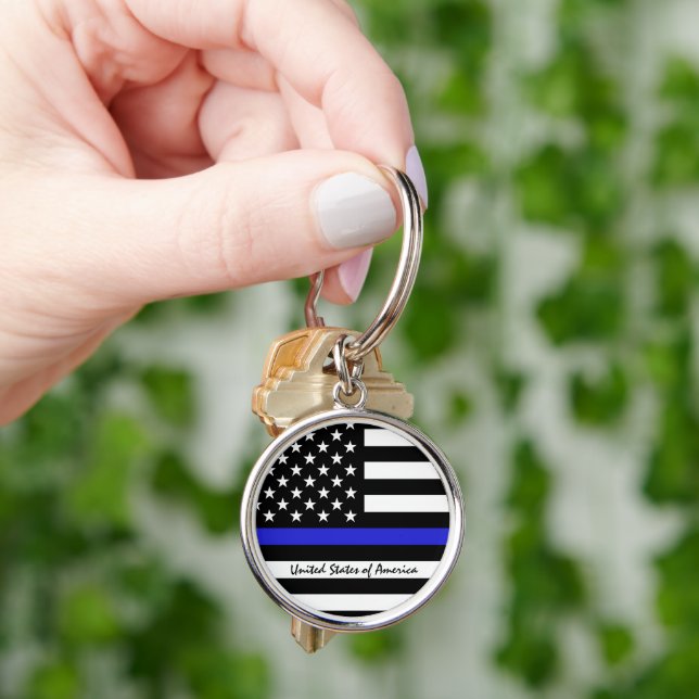Thin Blue Line & American Flagga Police / USA offi Rund Silverfärgad Nyckelring (Hand)