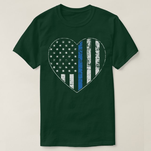 Thin Blue Line Distress American Flagga Heart T Shirt (Design framsida)