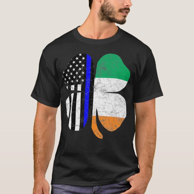 Thin Blue Line Flagga Irish American St Patricks T Shirt (Framsida)