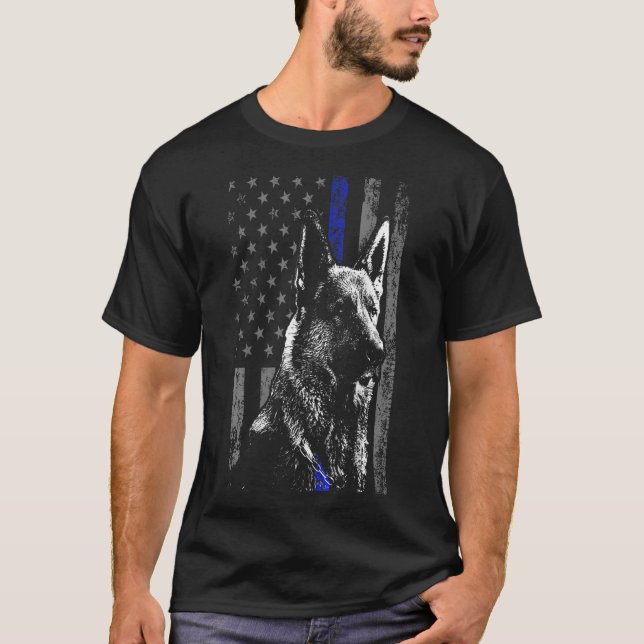 Thin Blue Line Flagga K9 Tysk Hund för shepherd Po T Shirt (Framsida)