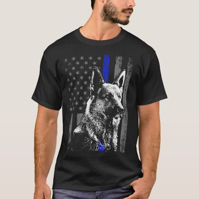 Thin Blue Line Flagga K 9 Tysk shepherd Police Hun T Shirt (Framsida)