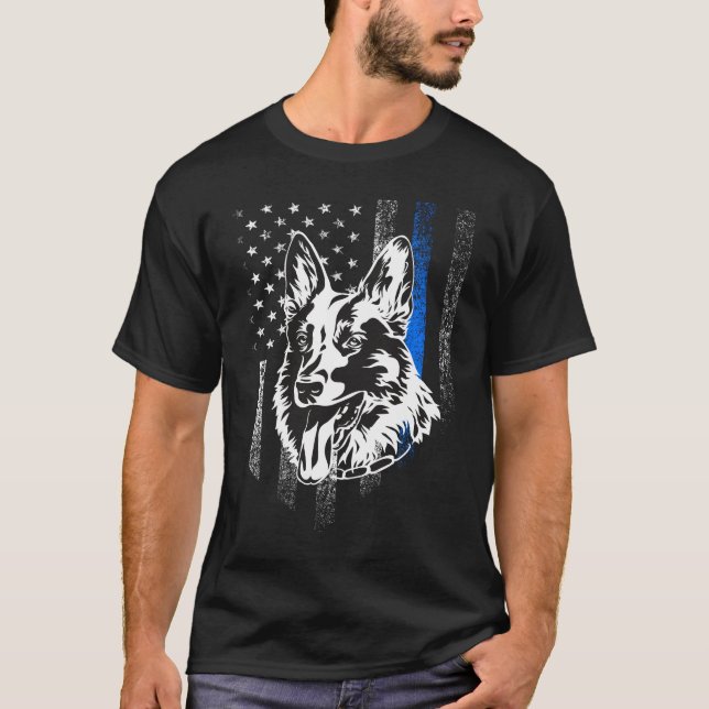 Thin Blue Line Flagga K-9 Tysk shepherd Police Hun T Shirt (Framsida)