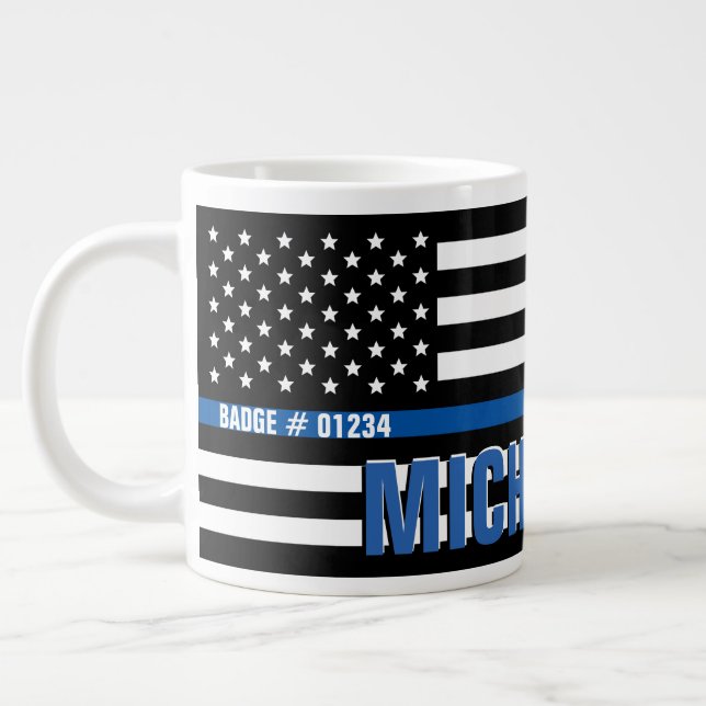 Thin Blue Line Flagga Monogram Badge Namn Jumbo Mugg (Vänster)
