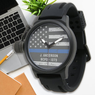 Thin Blue Line Gift - USA American Flagga - Police Armbandsur