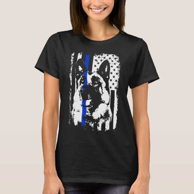 Thin Blue Line K9 Tysk Shepherd Police Hund T Shirt (Framsida)