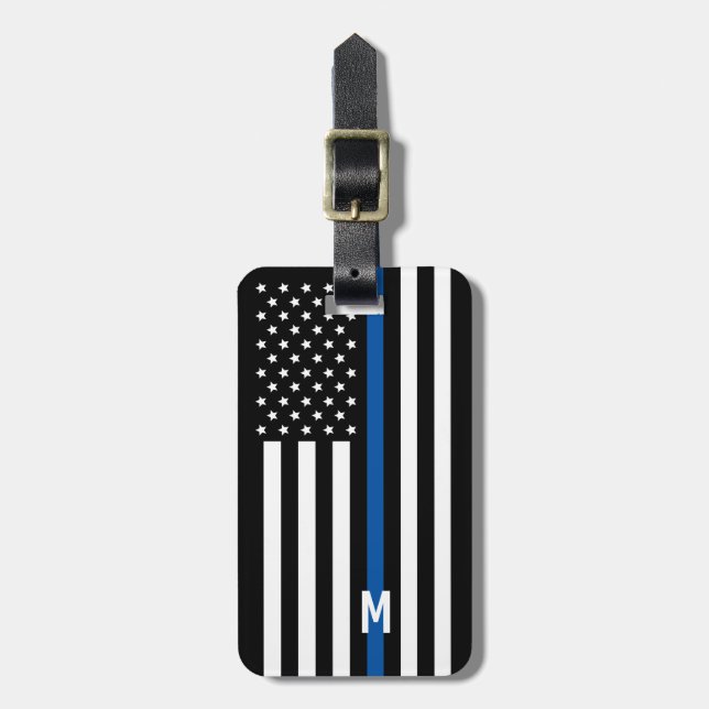 Thin Blue Line Police American Flagga Monogram Bagagebricka (Vertikal Framsida)