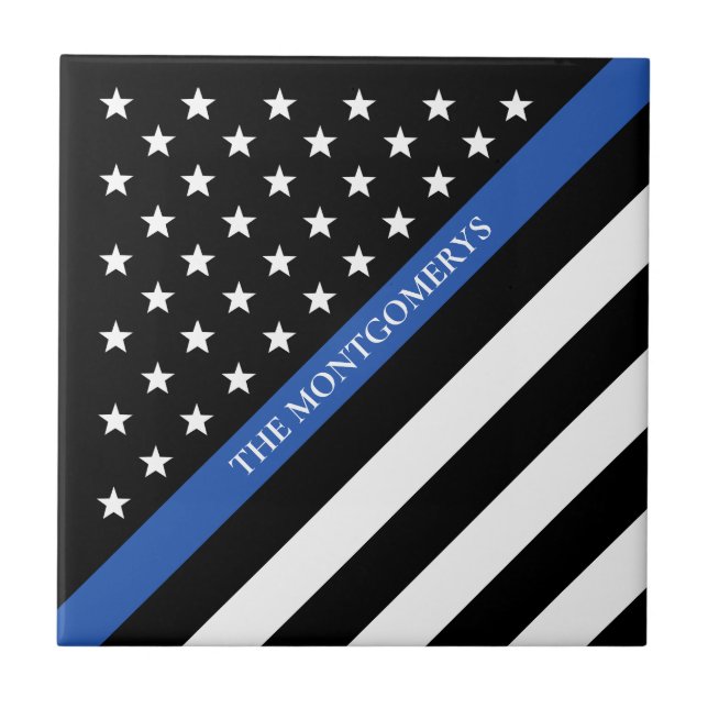 Thin Blue Line Police American Flagga Monogram Kakelplatta (Framsidan)
