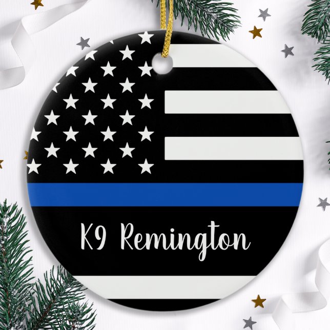 Thin Blue Line - Polischef - Amerikanska Flagga Julgransprydnad Keramik (Skapare uppladdad)
