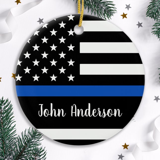 Thin Blue Line - Polischef - Amerikanska Flagga Julgransprydnad Keramik (Skapare uppladdad)