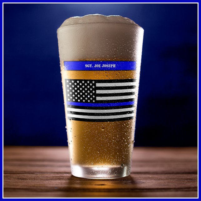 [Thin Blue Line] Stötta de Blå Polisen Pint SVG Glaskopp (Customize text on both sides of glass with name, rank, department, years of service or motto etc.)