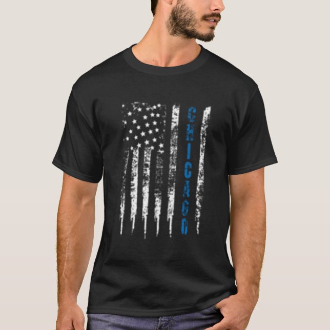 Thin Line Blue Chicago Distress National Police T Shirt (Framsida)