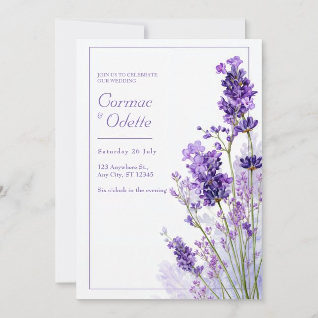 Thin Purple Watercolor Lavender Frame Wedding Inbjudningar (Framsida)