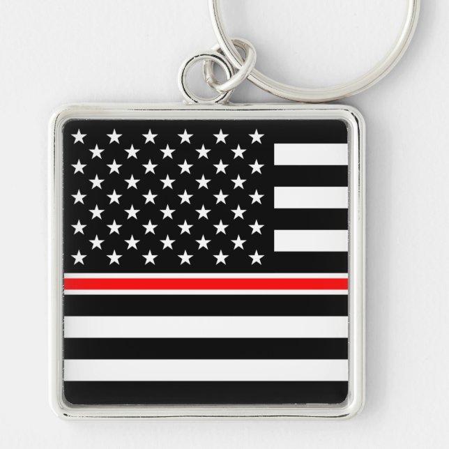 Thin Red Line Firefighter American Flagga Fyrkantig Silverfärgad Nyckelring (Framsidan)
