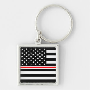 Thin Red Line Firefighter American Flagga Fyrkantig Silverfärgad Nyckelring