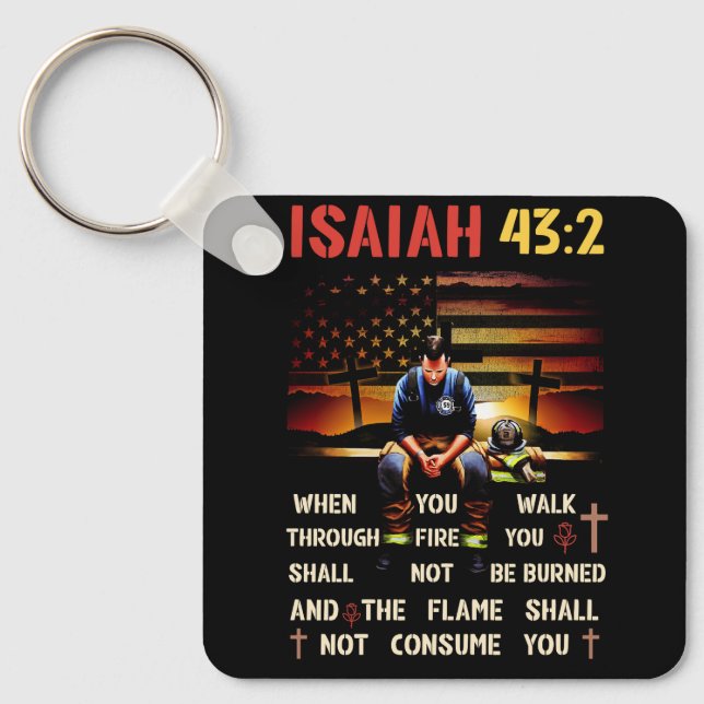 Thin Red Line Firefighter Kor Bible Verse Americ Nyckelring (Framsida)