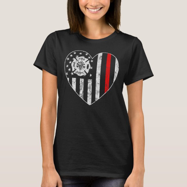 Thin Red Line Heart American Flagga Firefighter Pa T Shirt (Framsida)