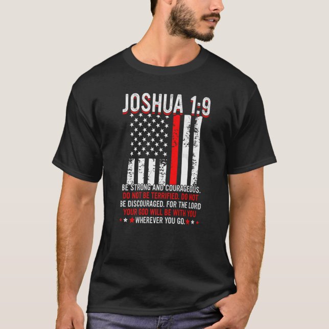 Thin Red USA flagga Joshua 1 9 Bible Christian Fir T Shirt (Framsida)