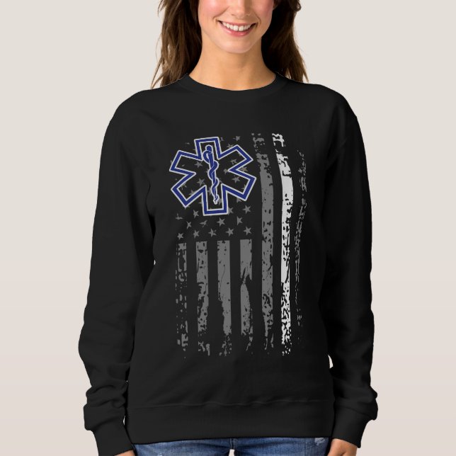 Thin White Line EMS EMT Sjukvårdare American Flagg T Shirt (Framsida)