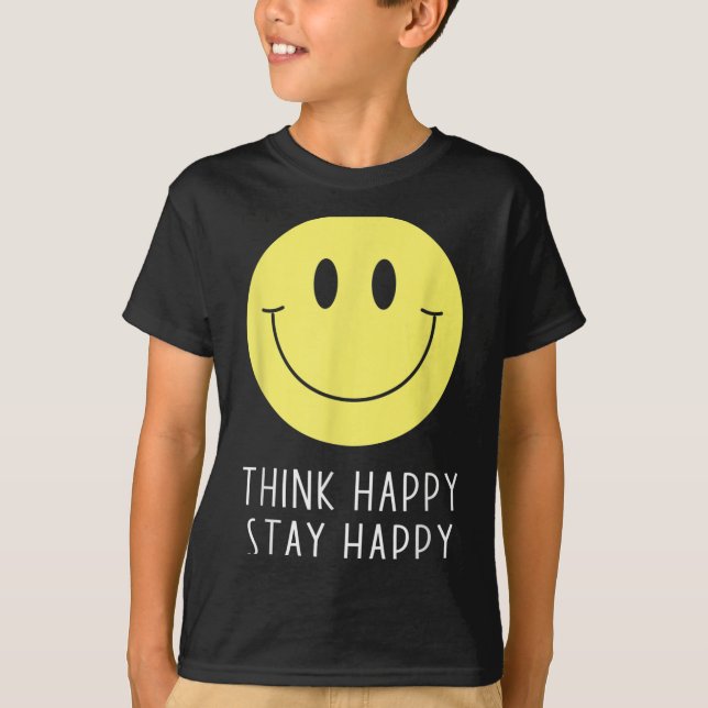 Think Happy Stay Happy Motivation Quote Yellow Smi T Shirt (Framsida)