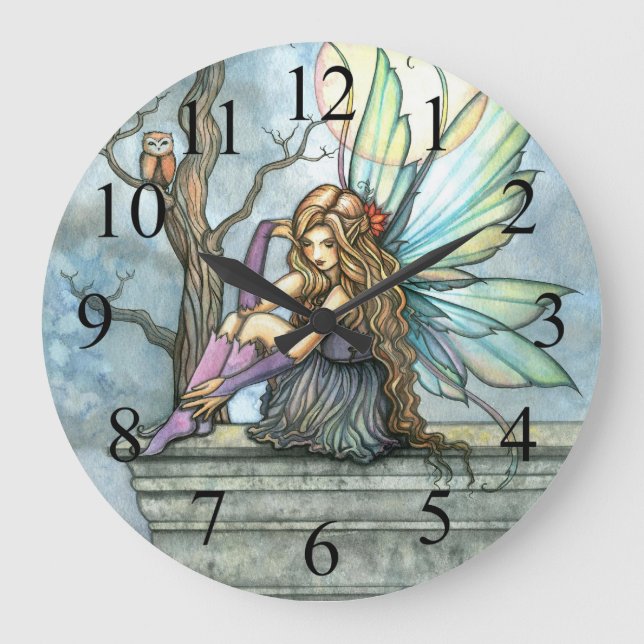 Thinker Fairy och Uggla Fantasy Art Clock Stor Klocka (Framsida)