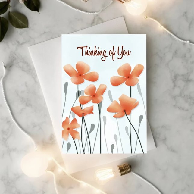 Thinking of You Poppy Get Well Card Kort (Front cover of a minimal poppy get well card with soft light and “Thinking of You” message)