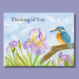 Thinking of You Watercolor Kingfisher Purple Iris Vykort