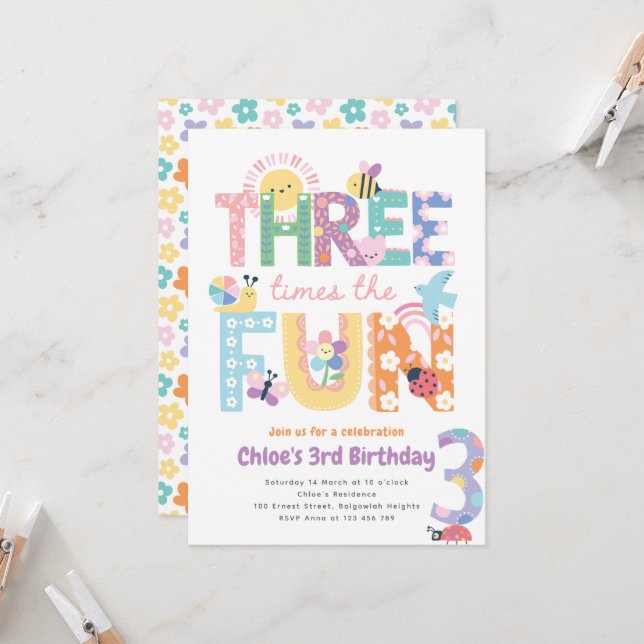 Third Birthday Invite Girl, Three Times the Fun Inbjudningar (Fram/Back In Situ)