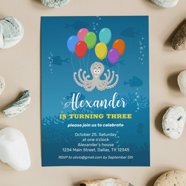 Third Birthday Party Octopus Balloons Invitation Inbjudningar (Skapare uppladdad)